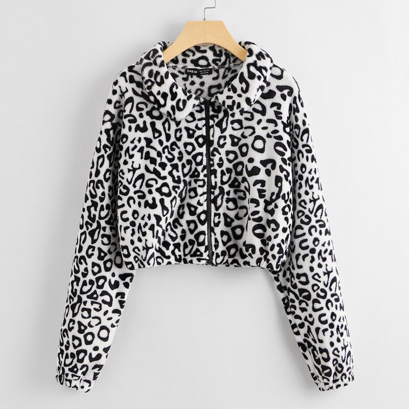 

Zip Up Leopard Teddy Jacket, Black and white