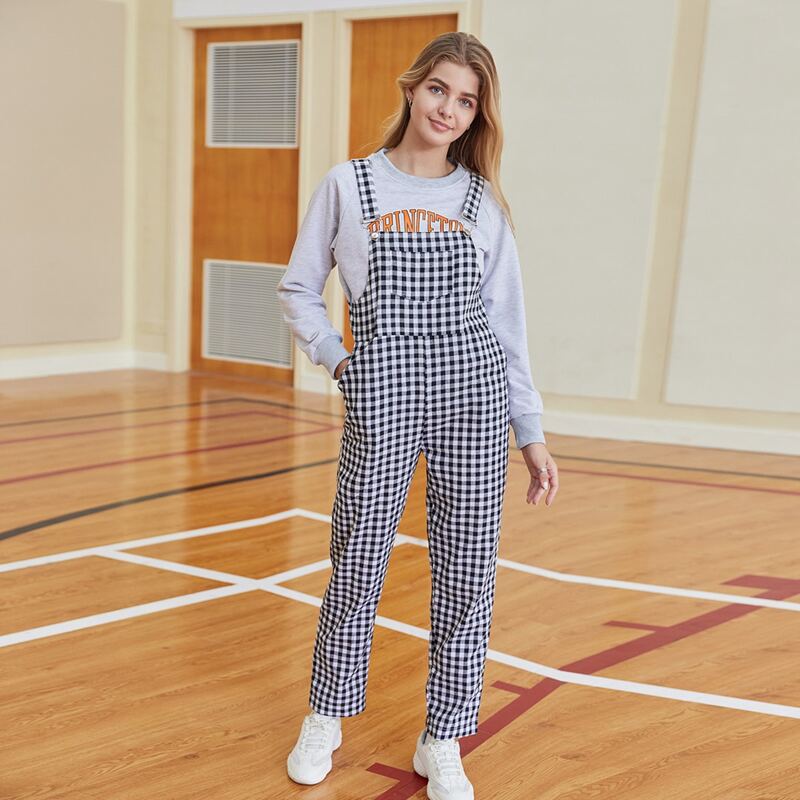 

Front Pocket Gingham Overall Jumpsuit, Black and white