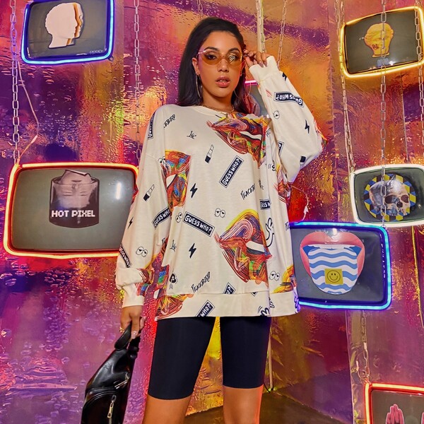

Drop Shoulder Letter Graphic Oversize Pullover, Multicolor