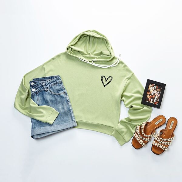 

Plus Heart Print Hooded Sweatshirt, Lime green