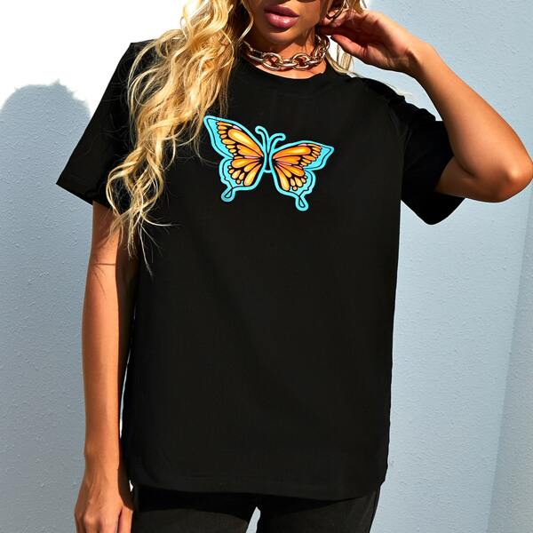 

Butterfly Print Round Neck T-Shirt, Black