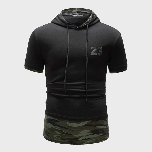 

Men Number Print Camo Panel Hooded Top, Black