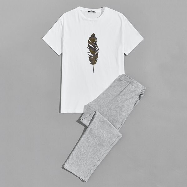 

Men Camo Feather Print Tee and Heather Gray Pants PJ Set, Multicolor