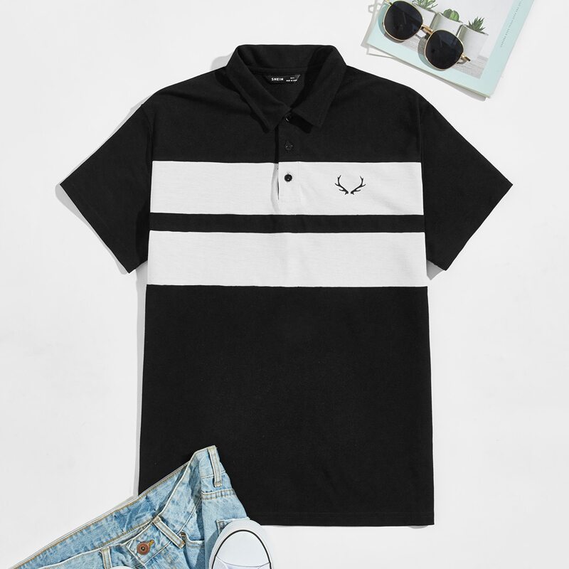 

Guys Graphic Print Colorblock Polo Shirt, Black
