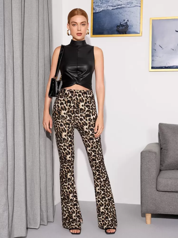 SHEIN Privé Flare Leg Leopard Comfy Pants - Multicolor - View 1