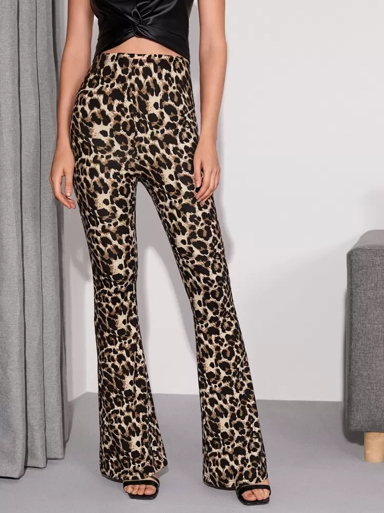 SHEIN Privé Flare Leg Leopard Comfy Pants - Multicolor - View 3
