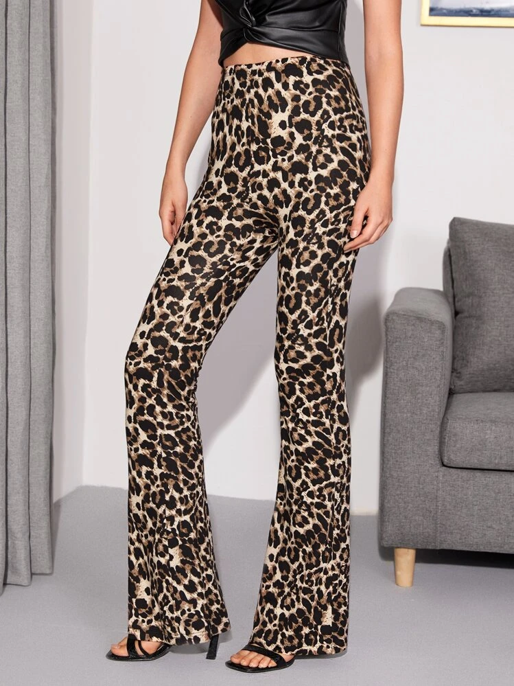 SHEIN Privé Flare Leg Leopard Comfy Pants - Multicolor - View 4