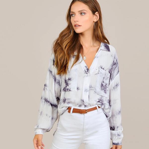 

Tie Dye Pocket Patched Oversized Blouse, White