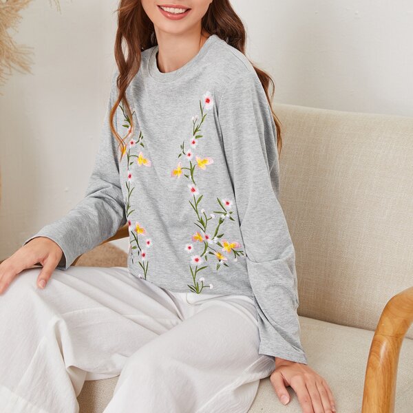 

Floral Embroidered Crew Neck Tee, Light grey