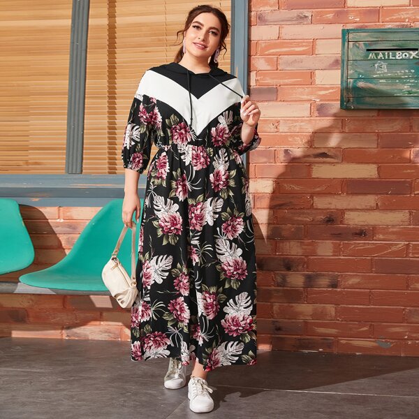 

Plus Floral Print Chevron Panel Drawstring Hooded Dress, Multicolor