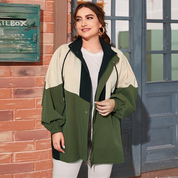 

Plus Lantern Sleeve Colorblock Hooded Coat, Multicolor