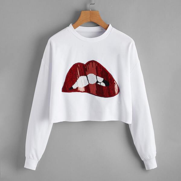 

Drop Shoulder Sequin Mouth Pullover, White