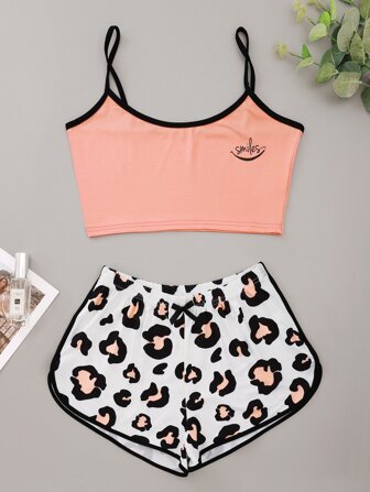 字母圖案短版吊帶上衣帶豹紋短褲睡衣套裝