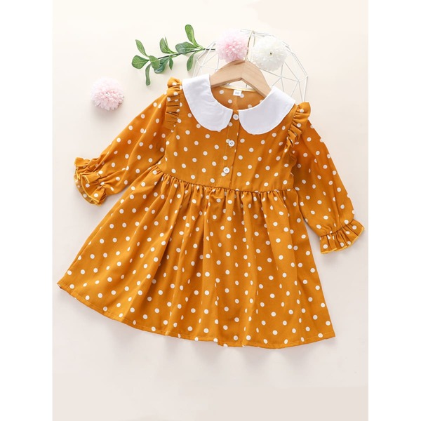 

Toddler Girls Polka Dot Frill Shirt Dress, Mustard yellow
