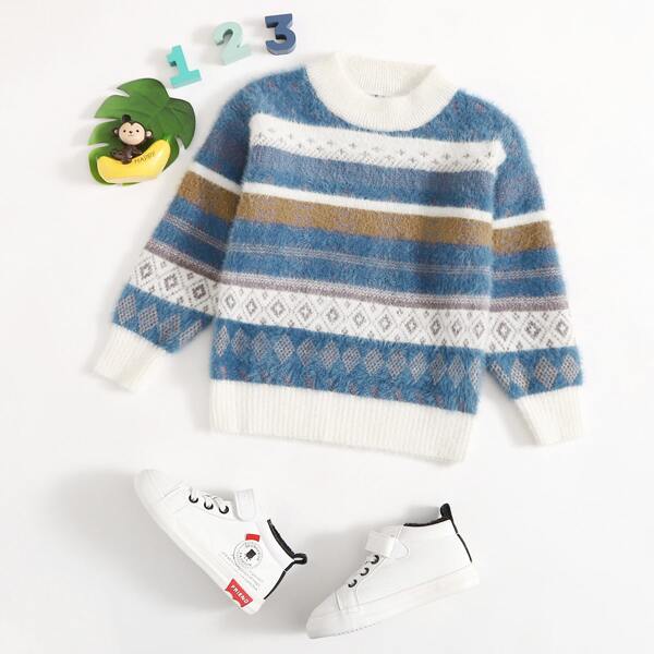 

Toddler Boys Striped Argyle Pattern Fluffy Sweater, Multicolor