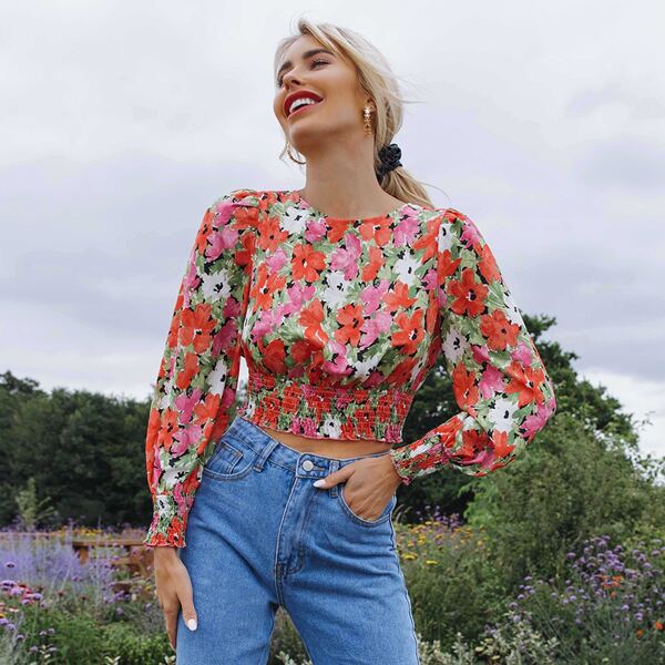 

Frill Trim Tie Back Shirred Hem Floral Top, Multicolor