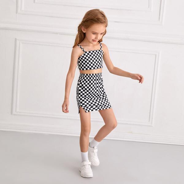 

Toddler Girls Checked Cami Top & Side Split Skirt, Black and white