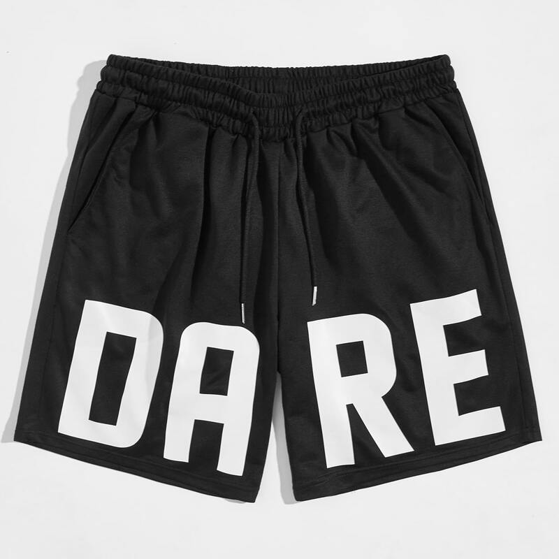 

Guys Letter Graphic Drawstring Waist Shorts, Black
