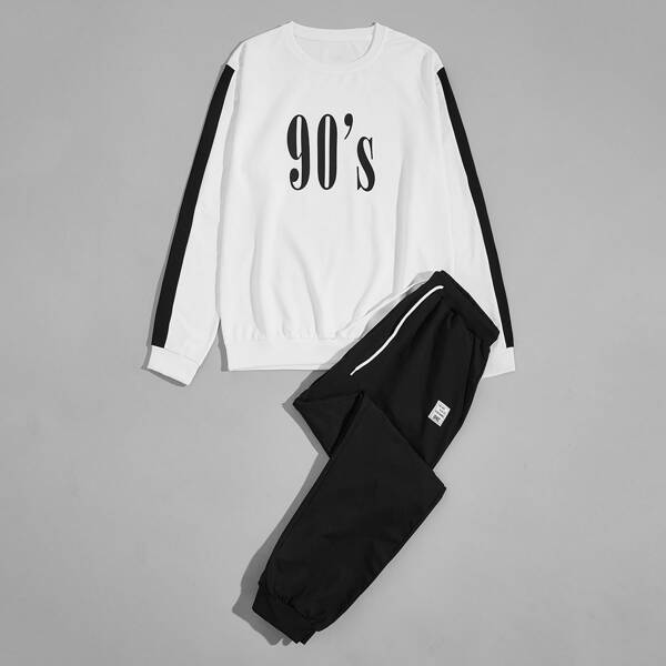 

Men Two Tone Letter Graphic Sweatshirt & Sweatpants, Black and white