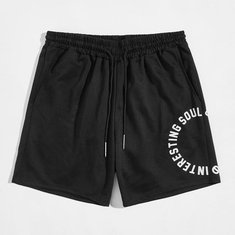 

Guys Slogan Graphic Drawstring Waist Shorts, Black