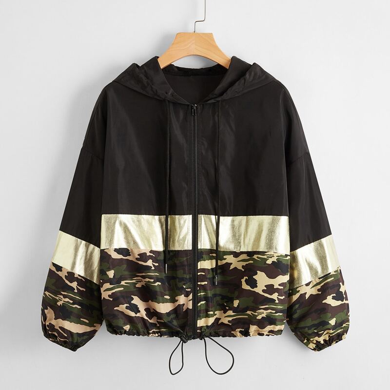 

Zip Up Metallic Panel Drawstring Hem Colorblock Hooded Jacket, Multicolor