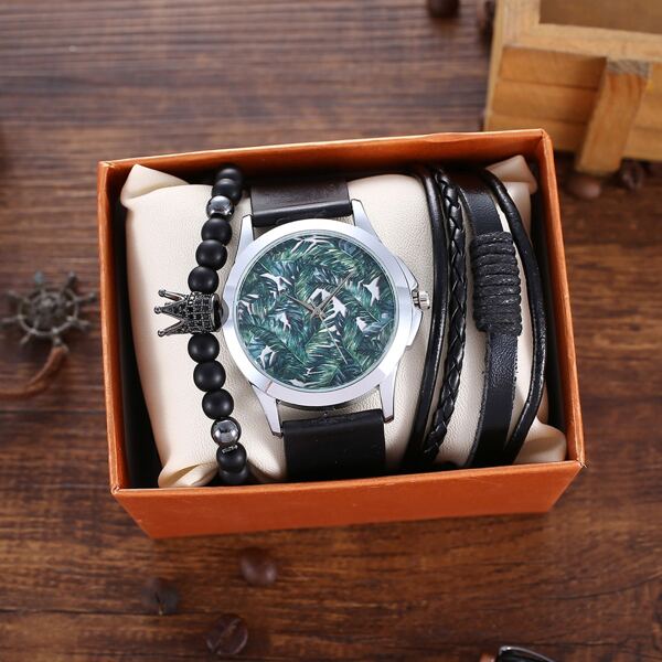 

1pc Men Leaf Print Watch & 2pcs Bracelet
