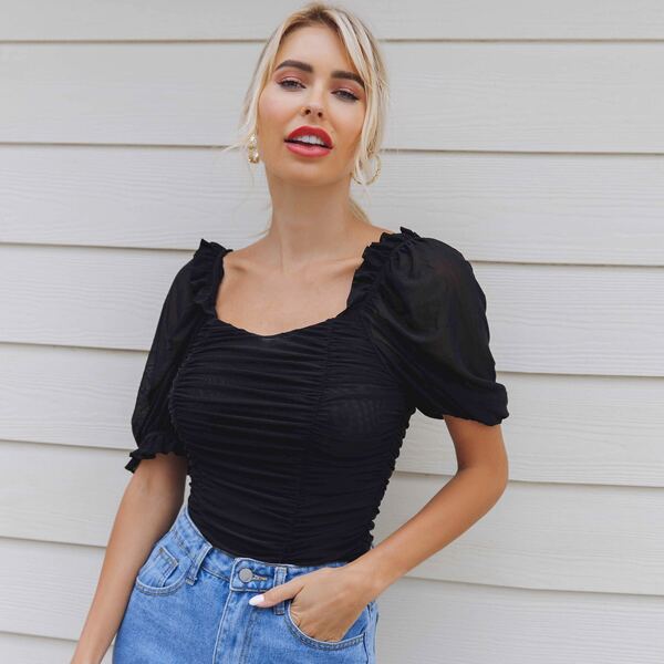 

Puff Sleeve Frill Trim Ruched Mesh Top, Black