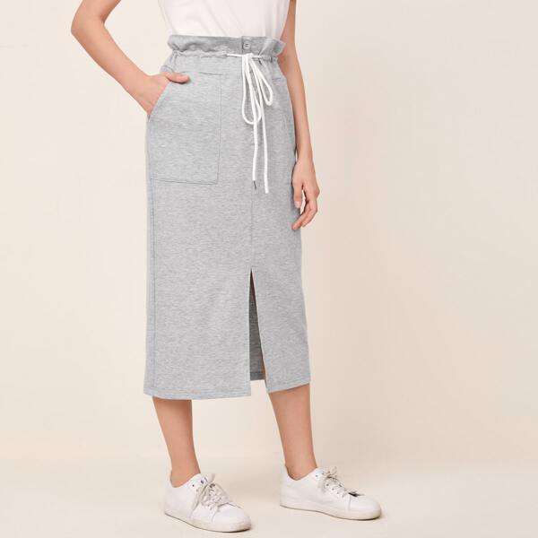 

Drawstring Waist Slant Pocket Split Hem Skirt, Light grey
