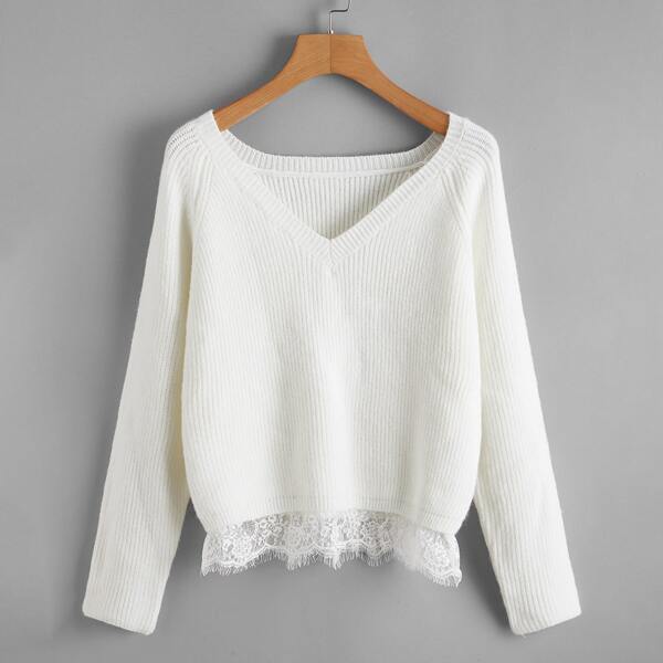 

Solid Contrast Lace Trim Sweater, Beige