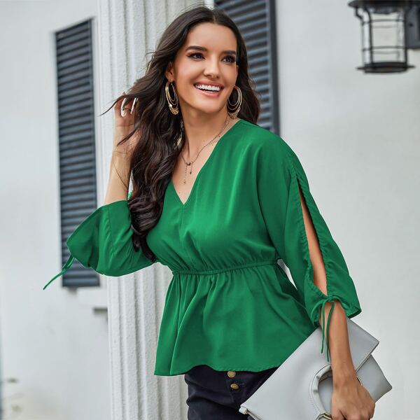 

Solid Drawstring Knot Cuff Blouse, Green