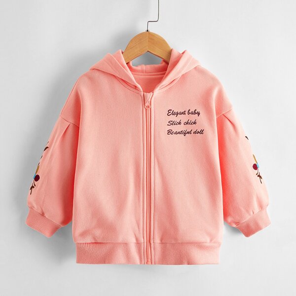 

Toddler Girls Slogan Embroidery Zip Up Hoodie, Coral pink