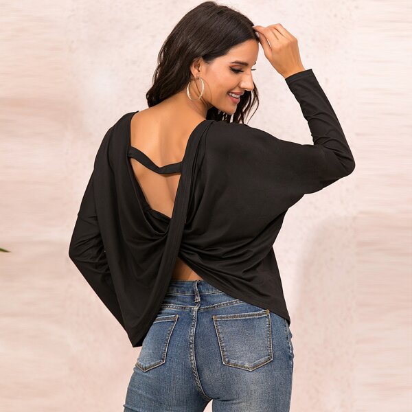 

Twist Back Ruffle Hem Tee, Black