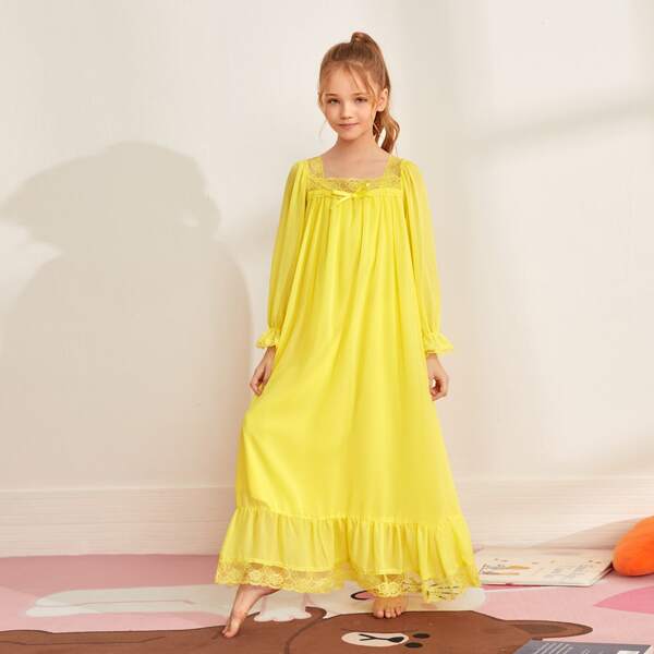 

Girls Neon Yellow Lace Yoke Chiffon Nightdress, Yellow neon