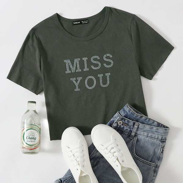 

Rhinestone Letter Crop Tee, Dark grey