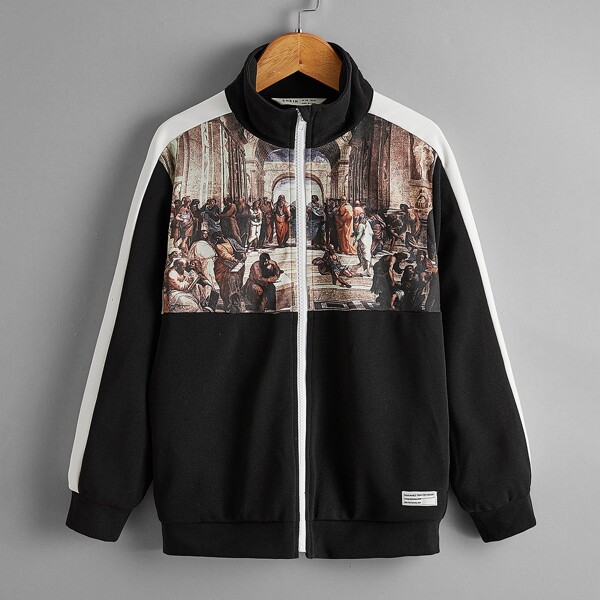 

Boys Renaissance Print Contrast Sideseam Zip Up Jacket, Black