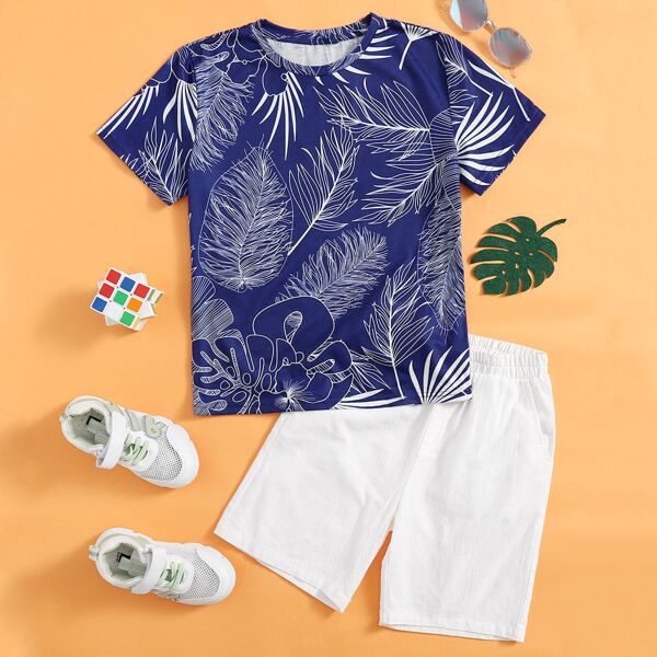 

Boys Tropical Print Top & Shorts Set, Blue and white