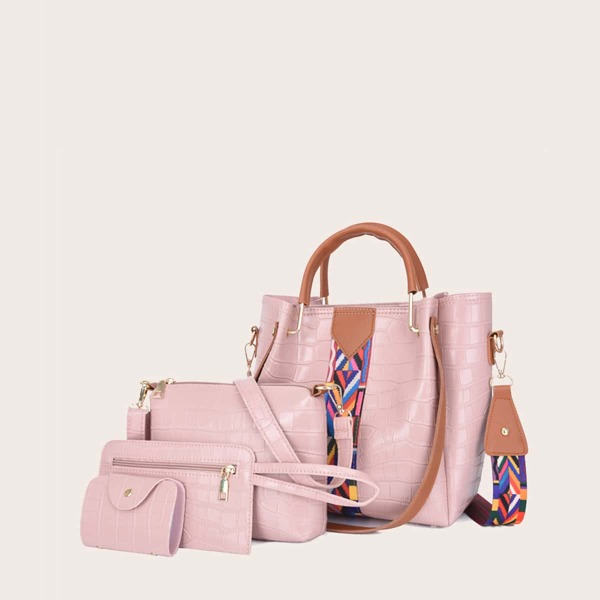 

4pcs Crocodile Satchel Bag Set, Pink