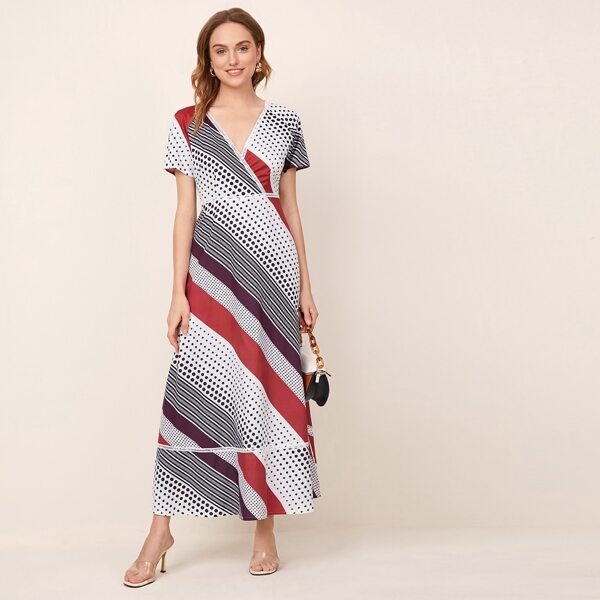 

Polka Dot & Stripe Print Ruffle Hem Dress, Multicolor