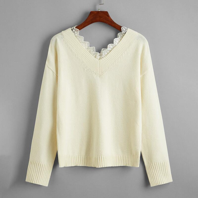 

Lace Trim Sweater, Beige