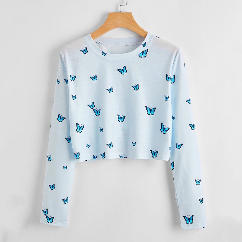 

Butterfly Print Crop Top, Baby blue