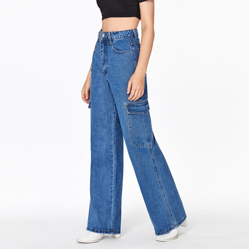 

High Waisted Baggy Cargo Jeans, Medium wash