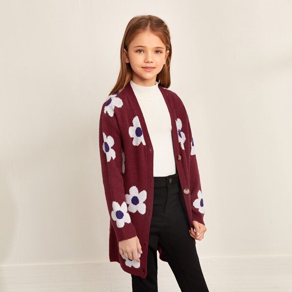 

Girls Button Front Floral Cardigan, Maroon