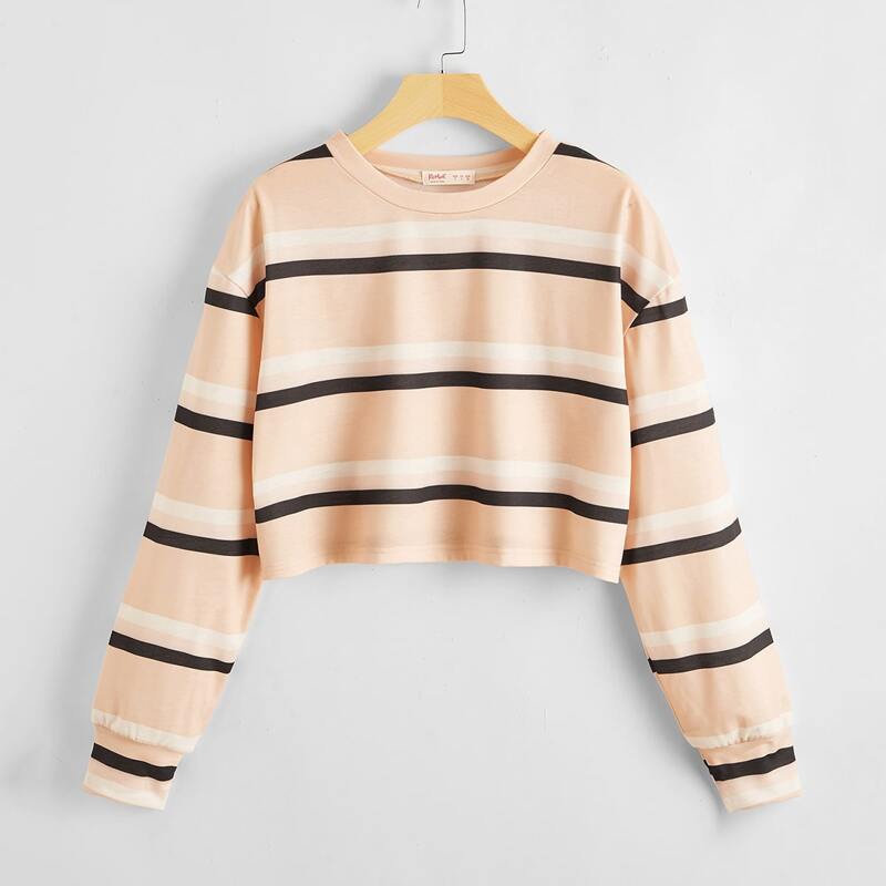 

Striped Crop Pullover Sweatshirt, Baby pink