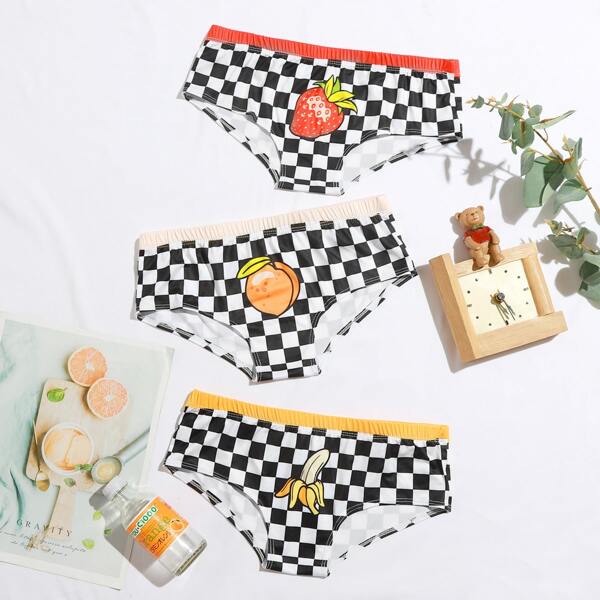 

3pack Fruit Print Checkered Panty Set, Multicolor