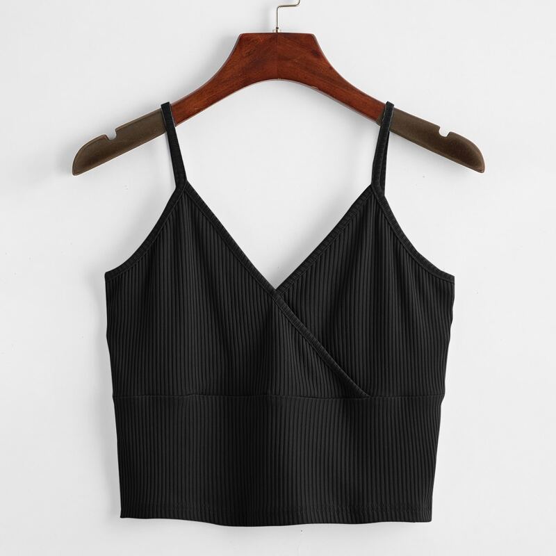 

Ribbed Mock Wrap Crop Cami, Black