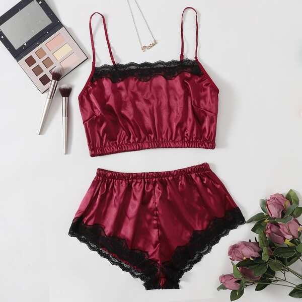 

Satin Lace Trim Lingerie Set, Burgundy