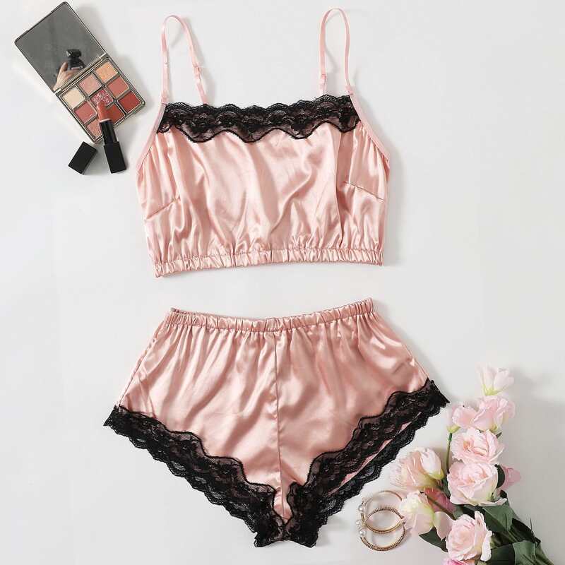 

Satin Lace Trim Lingerie Set, Baby pink