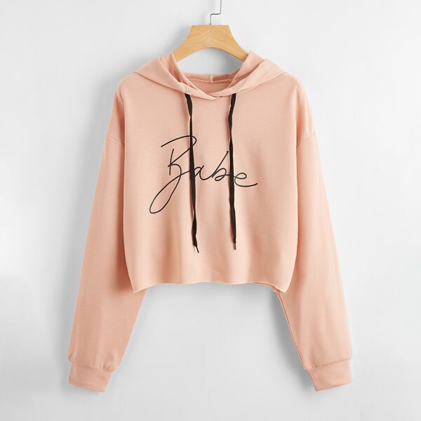 

Drop Shoulder Letter Graphic Drawstring Hoodie, Pastel baby pink