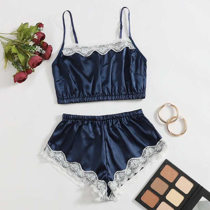 

Satin Lace Trim Lingerie Set, Navy blue
