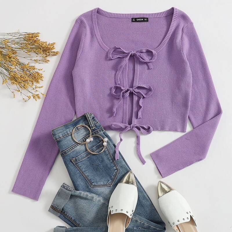 

Tie Front Rib-knit Cardigan, Violet purple
